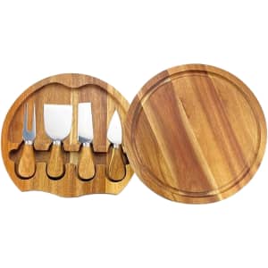 A wooden cheeseboard set featuring a round board and four knives, all in warm brown tones. The set includes a logo.
