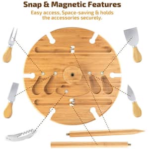 A bamboo circular table with various tools and accessories organised in slots, featuring snap and magnetic elements.