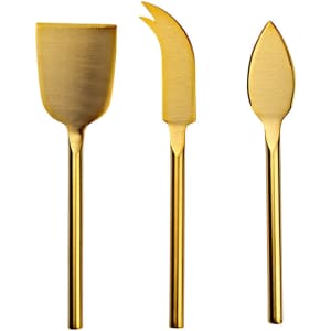 A cheese knife set featuring three gold-toned utensils with sleek handles for cutting and serving cheese.