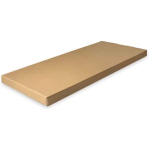 A rectangular brown cardboard box, flat and without any visible contents. The box has a simple design.