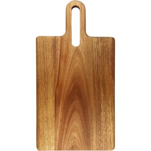 A wooden cheeseboard with a handle, featuring a smooth, natural finish and rich grain patterns.