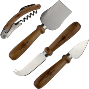 A cheese knife set featuring stainless steel blades and wooden handles, including a corkscrew and various knives.