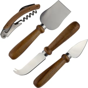 A cheese knife set featuring four stainless steel utensils with wooden handles and a corkscrew, all in shades of brown.