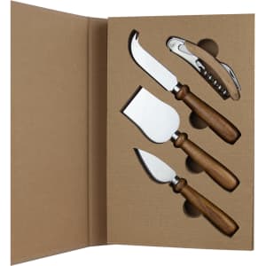 A cheese knife set featuring three stainless steel knives with wooden handles, presented in a cardboard box.
