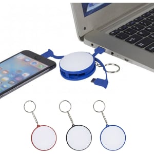 A charging cable key ring in blue, red, and black, connecting a phone to a laptop with a keychain attachment.