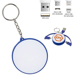 A blue charging cable key ring featuring multiple connectors, including USB, micro USB, and an 8-pin connector.