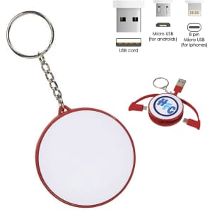 A red charging cable key ring with multiple USB connectors and a keychain attachment. Features a circular design and branding.
