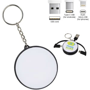 A key ring featuring a charging cable with Type C, micro USB, and 8-pin connectors, along with a logo.