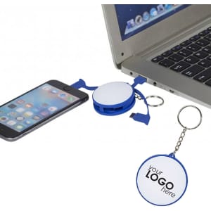 A blue charging cable key ring connected to a phone and laptop, featuring a circular area for branding.
