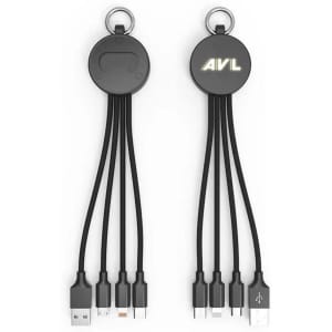 A drink bottle opener with a black charging cable featuring multiple connectors and a logo on one side.