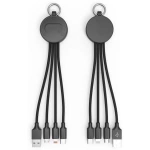 A drink bottle opener with a black charging cable featuring multiple connectors and a keyring attachment.