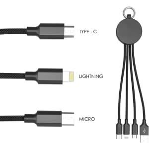A drink bottle opener charging cable in black, featuring Type-C, Lightning, and Micro connectors with a keyring attachment.