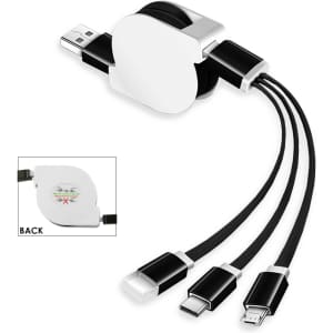 A retractable charging cable in black and white, featuring multiple connectors for different devices. Includes a logo.