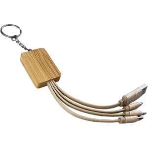 A bamboo charging cable key ring featuring multiple connectors in beige tones attached to a metal key ring.