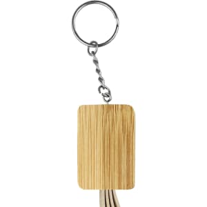 A square bamboo key ring with a metal chain, featuring a natural bamboo finish.