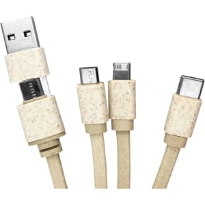 A square bamboo charging cable key ring in a beige colour, featuring multiple connectors: USB, micro USB, Lightning, and USB-C.