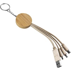 A round bamboo charging cable key ring with three attached cables in beige, featuring a metal key ring.