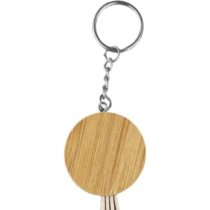 A round bamboo charging cable key ring with a silver metal chain and key ring attachment.