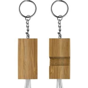 A bamboo key ring with a charging cable attached, featuring a silver chain and keyring, showcasing a natural wood finish.