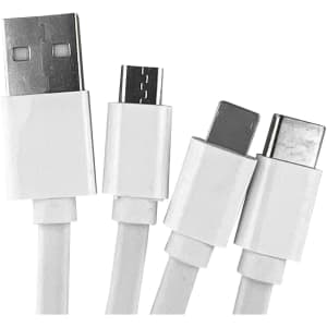 A white charging cable with USB, micro USB, and USB-C connectors. Features a simple design with a logo.