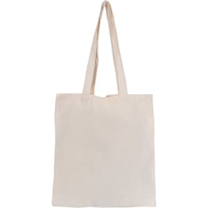 A plain natural-coloured tote bag with long handles and no gusset, featuring a logo.