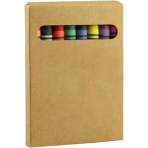 A set of coloured crayons arranged in a cardboard box with a cut-out window, featuring various vibrant colours.