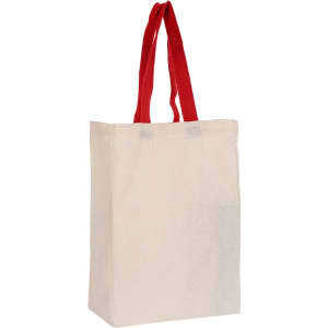 A calico trade show bag in natural colour with red handles, featuring a simple design and no visible branding.