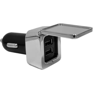 A dual square metal car charger with a shiny chrome finish and two USB ports, featuring a protective flap.