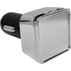 A square metal car charger with a shiny chrome finish and a black connector. It has a logo on it.