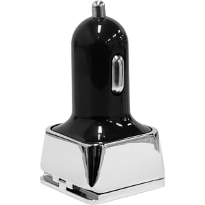 A dual square metal car charger with a shiny chrome base and a sleek black top, featuring a logo.