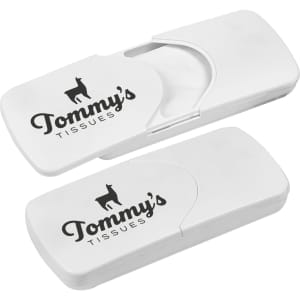A white car sun visor tissue box with a logo, designed to hold tissues securely in place.