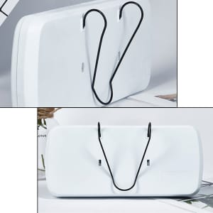 A white car sun visor tissue box with a black elastic holder on the back for attachment. Includes a branding logo.