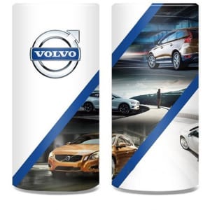 A promotional container featuring a Volvo logo, with images of various Volvo cars in a sleek design.