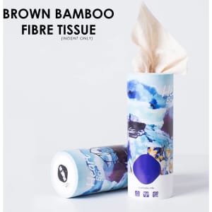 A cylindrical container of brown bamboo fibre tissues with an artistic blue design, featuring a logo.