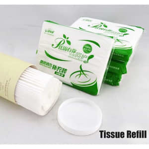 A set of white tissue refills in a circular container, with green branding on the packages displayed in the background.