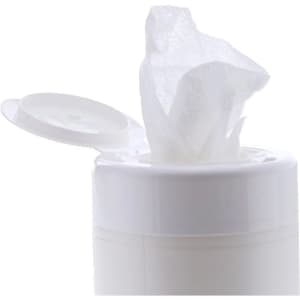 A white container with a lid, featuring a wet tissue partially pulled out. The container has a simple design.