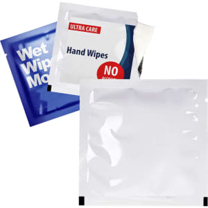 A packet of wet wipes in blue and white packaging, featuring a logo and containing hand wipes for personal use.