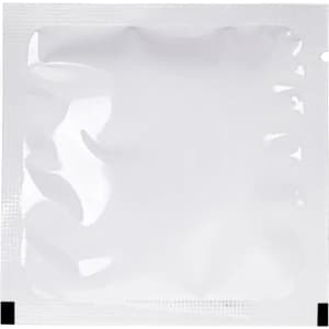 A white sealed packet containing a single wet wipe, with a simple design and no visible branding.