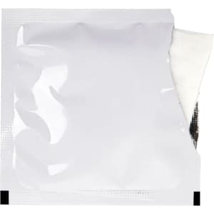 A single white wet wipe partially out of a plain silver packet with black accents.