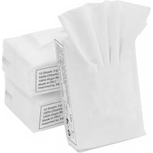 A pack of white tissues with 10 sheets, featuring a simple design and a logo.