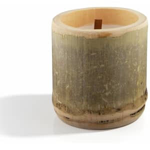 A bamboo candle in a cylindrical holder with a wooden wick, featuring natural green and brown tones.