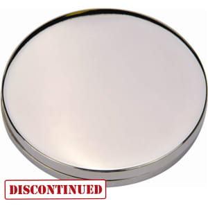 A silver compact mirror with a shiny surface, featuring a simple round design and a logo on the back.