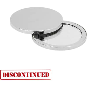 A silver compact mirror with a polished finish, opening to reveal a reflective surface inside. It features a logo on the exterior.