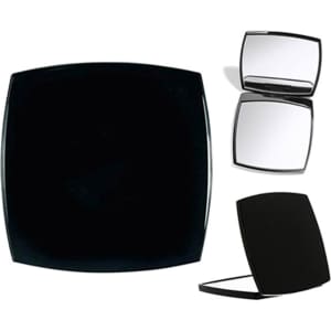 A compact mirror in a sleek black design, featuring a dual-sided reflective surface and a branded logo.