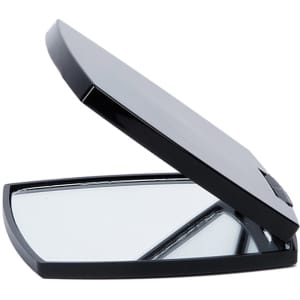 A black compact mirror with a rectangular shape, featuring a hinge for opening and closing. It has a sleek design.