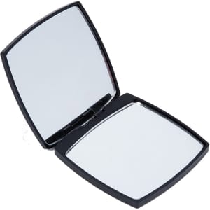 A compact mirror in a sleek black case, featuring two reflective surfaces inside.