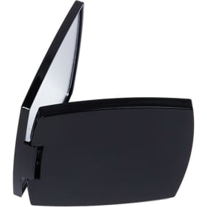 A compact mirror in sleek black, featuring a reflective interior and a glossy exterior. It also has a logo on the surface.