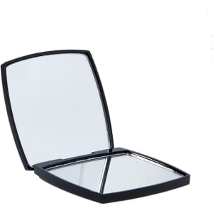 A compact mirror with a black casing, featuring two reflective surfaces inside.