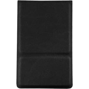 A compact mirror in a sleek black case featuring a textured surface and a branding logo.