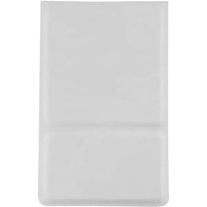 A compact mirror in white, featuring a textured finish, with a logo on the surface.